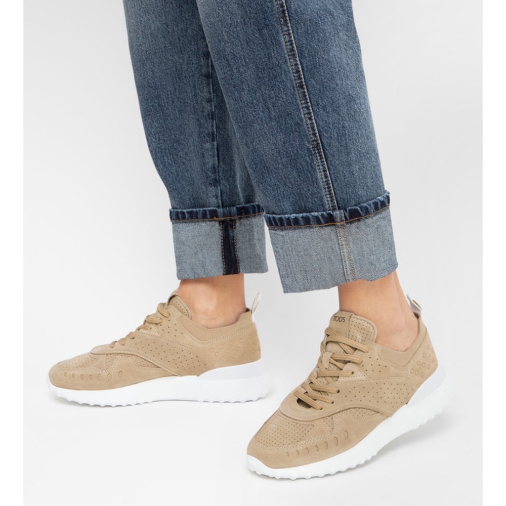 Tod's Beige-Tan Nubuck Leather Perforated Sportivo Low Top Sneakers Size 37